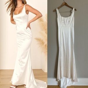 Sensational Promise White Satin Square Neck Mermaid Maxi Dress